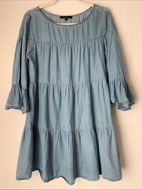 Fiore Blue Chambray Tiered Bell Sleeve Dress Size S Cotton Tencel